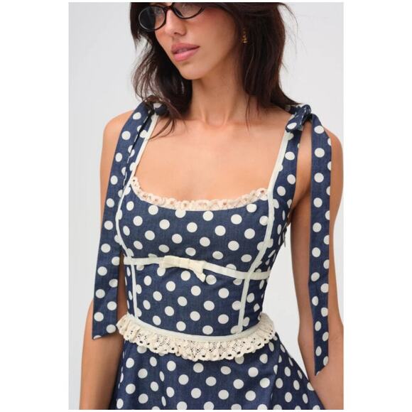 For Love and Lemons Dolly Denim Dot Mini Dress Size Medium - Picture 3 of 9